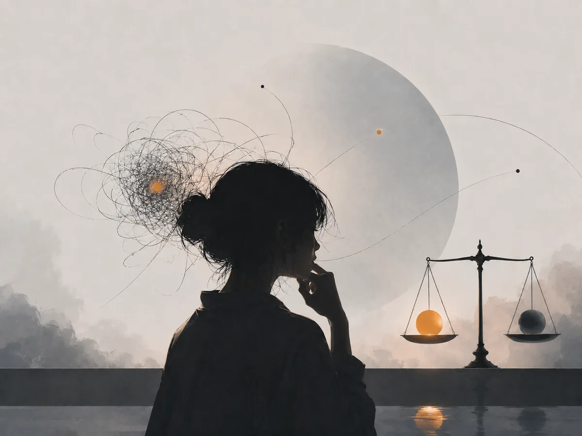 側影人物，腦中思緒纏成線團，面前的天秤兩端失衡